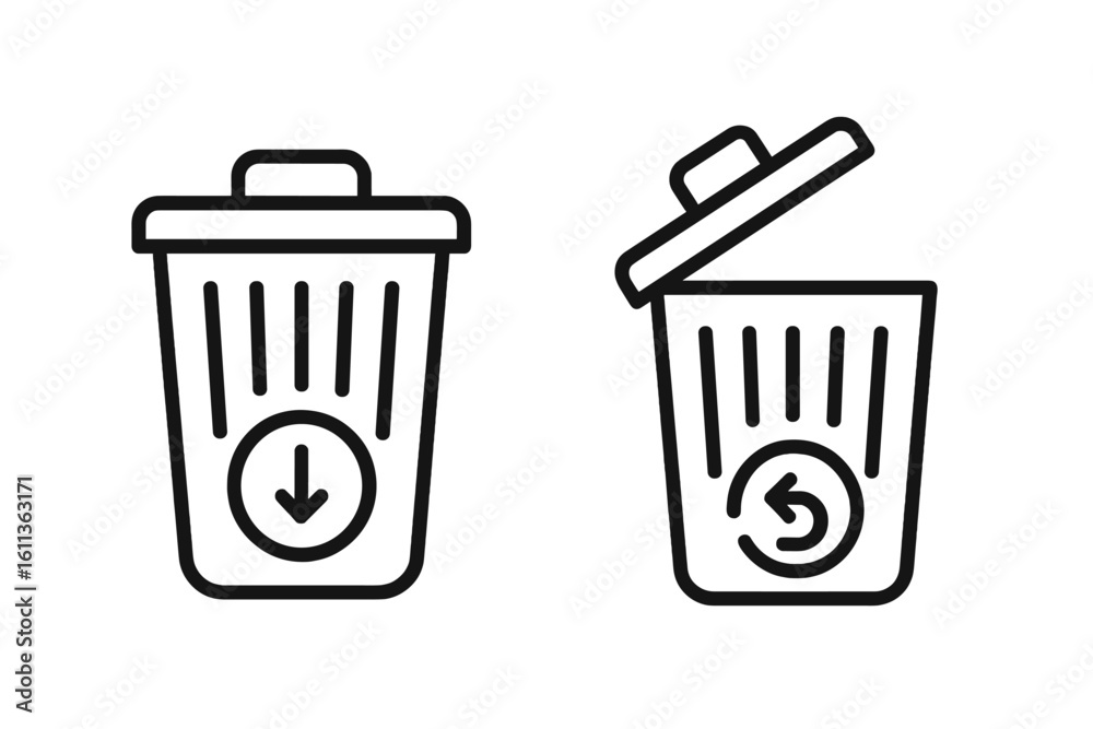 Poster trash can vector icons set. delete and restore data symbol. open and closed recycle bin. black and w