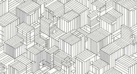 Abstract isometric cityscape illustration with buildings and structures, rendered in black and white line art.