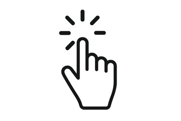 Obraz premium Minimalist black outline hand pointer click icon vector, mouse cursor with radial click rays, UI tap symbol for web button, mobile app navigation, loading indicator illustration