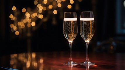 Two champagne flutes filled with bubbly golden liquid and foam on a reflective surface with bokeh lights background
