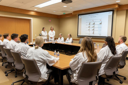Illustrated healthcare professionals discussing patient care in a cozy clinic setting.
