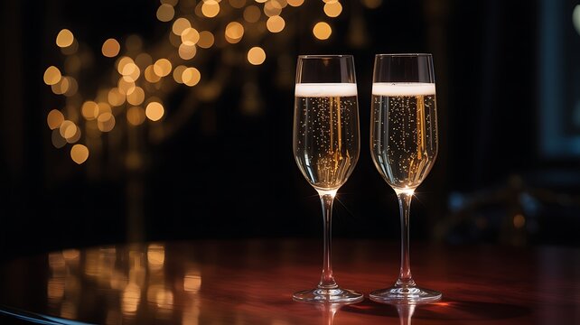 Two champagne flutes filled with bubbly golden liquid and foam on a reflective surface with bokeh lights background