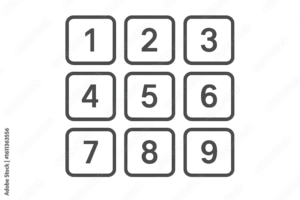 Poster numeric keypad vector illustration of 3×3 grid buttons with outline, numbers 1-9, minimal flat desig
