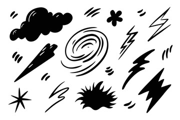 Hand Drawn Weather Elements in Black and White including Cloud Lightning Tornado Wind and Starburst perfect for weather illustrations and graphic design projects