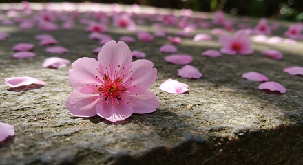 Fototapeta premium A single pink cherry blossom lies on a stone surface surrounded by scattered petals, bathed in dappled sunlight.