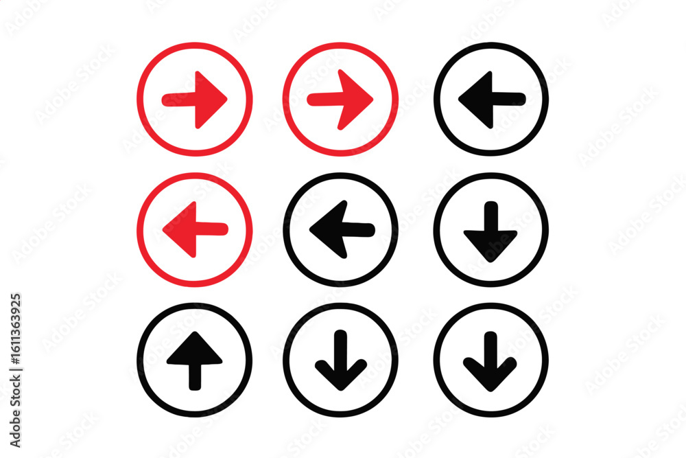 Poster red and black circular navigation arrow button icons set, forward back up down pointers for ui/ux, i
