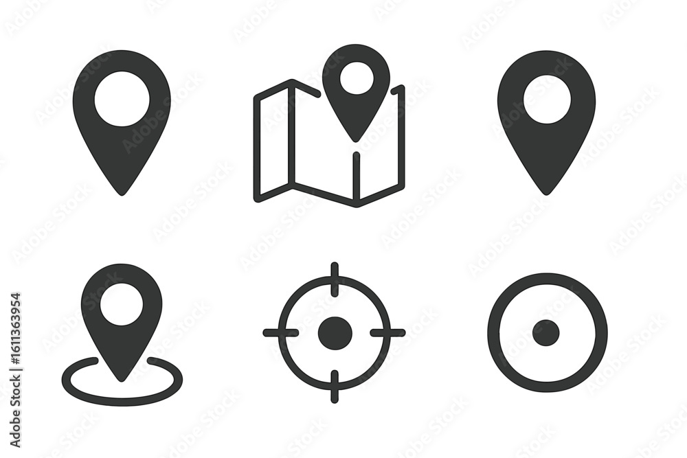 Poster location icon set vector graphic. map pin pointer, destination marker, and gps navigation symbols. f