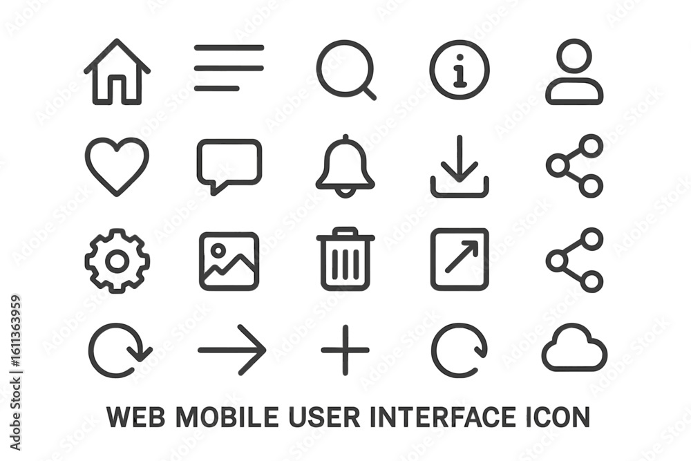Poster web mobile user interface line icon set. essential ui ux outline icons for website navigation. vecto