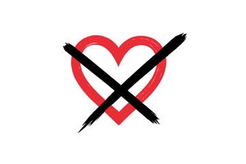 Heartbreak symbol. Red heart outline crossed with bold black paintbrush X. Broken love, rejected romance, anti valentines, breakup icon, stop love sign, relationship ban illustration