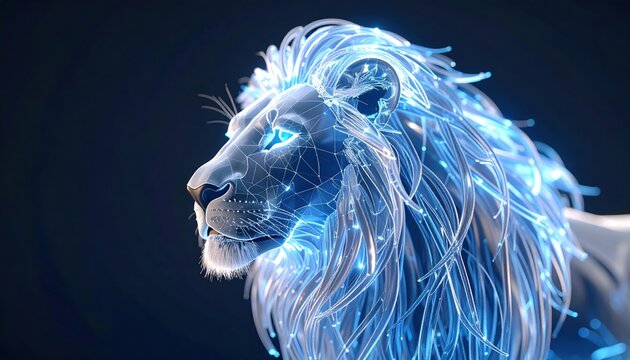 Digital Lion: Abstract Wireframe Portrait with Glowing Blue Lines