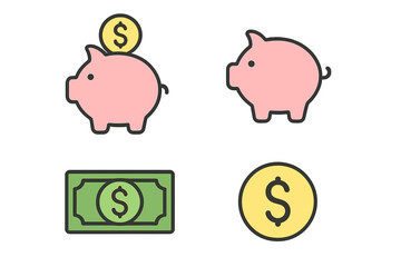 Money savings finance flat vector icons set. Piggy bank, dollar coin, banknote cash symbols. Financial investment banking elements. Business economy illustration