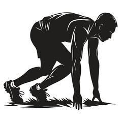 Silhouette of a Runner in Starting Position Ready to Sprint at the Starting Line