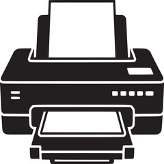 A black and white graphic of a printer with paper ready to print on a white background illustration