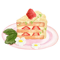Watercolor Strawberry Shortcake Slice – Cute Dessert Illustration with Flowers and Plate