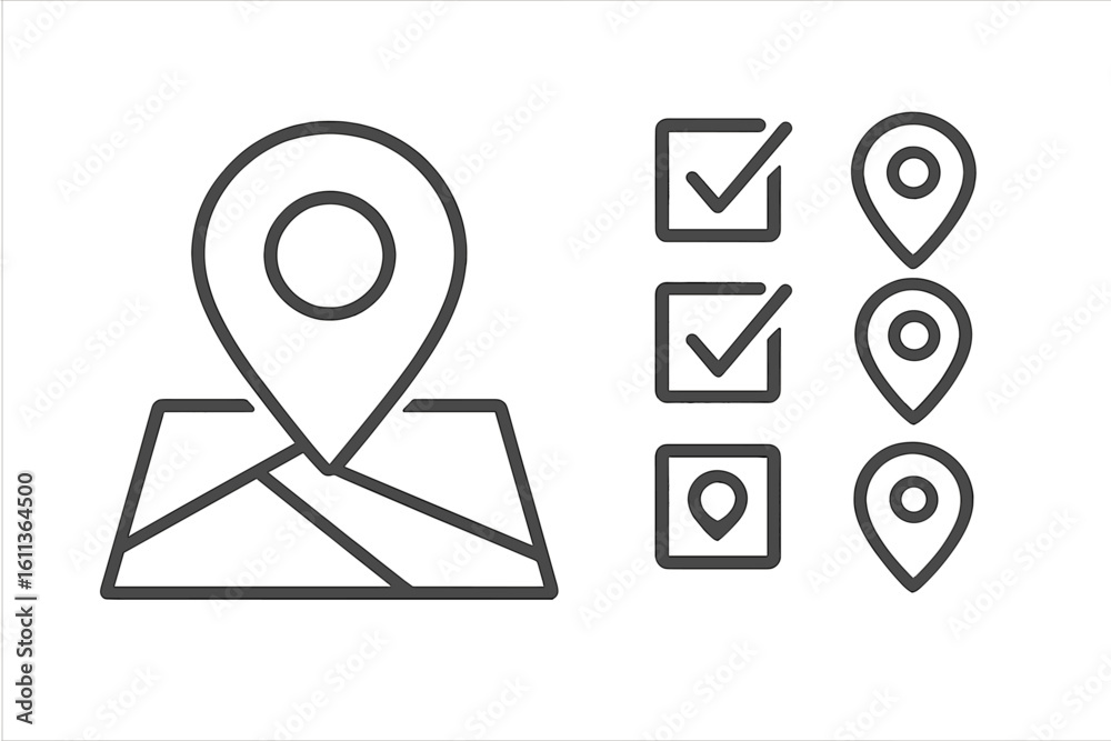 Poster location pin and map icon set. line art symbols for navigation, gps, and destination. vector pointer