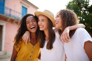 Fototapeta premium Joyful Friends Sharing Laughter Outdoors in Bright Sunlight, Celebrating Happiness and Connection Amidst Colorful Surroundings