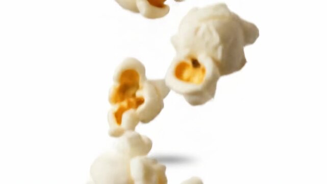 Close-up of Falling Popcorn Against a White Background, Delicious and Freshly Popped Popcorn Floating in Mid-Air for a Fun, Tasty Snack