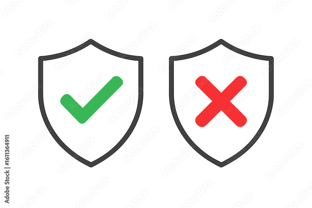 Poster shield icon set with green checkmark and red cross. success error validation indicators. approved re