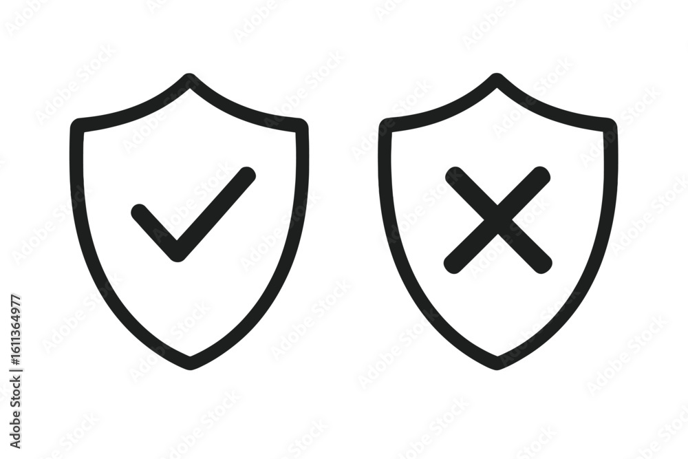 Poster security shield icons set with check mark and cross, outline style vector illustration, approve prot