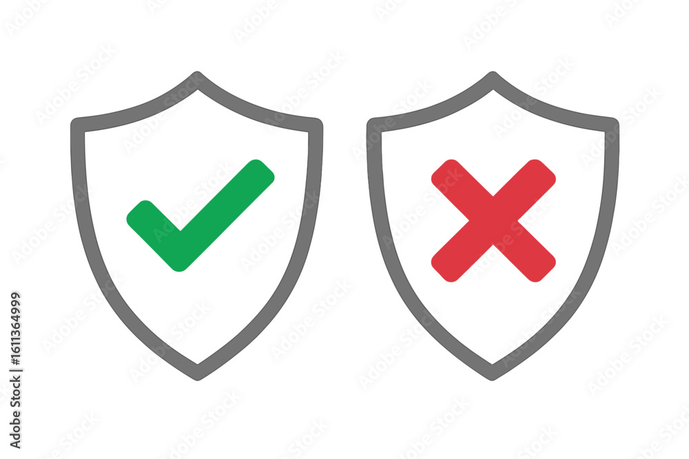 Poster security shield icons with green checkmark and red cross symbolizing protection vs vulnerability, ye