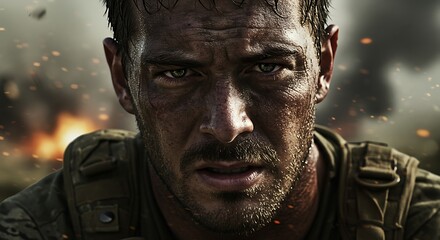 Modern Warrior: Close-Up of a Determined and Exhausted Soldier