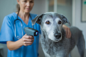 Veterinarian examining a senior dog with a handheld scanner in a clinic setting during a check-up