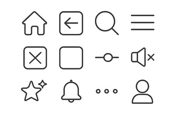 User interface linear icons set. UI UX graphic elements for mobile app and website. Home, menu, search, notification, profile, favorite, back arrow. Editable stroke.