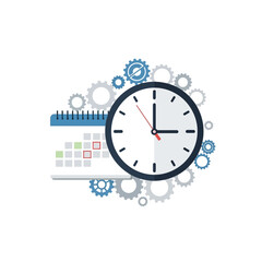 Illustration of a clock and calendar surrounded by gears, symbolizing time management, scheduling, and productivity.