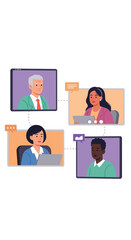 Fototapeta premium Four people engaged in a virtual meeting, displayed in individual video frames, connected by lines and chat bubbles.