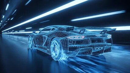 Futuristic Wireframe Sports Car Speeding Through Digital Tunnel with Blue Lights High-Tech Automotive Design Concept for AI and Metaverse Development
