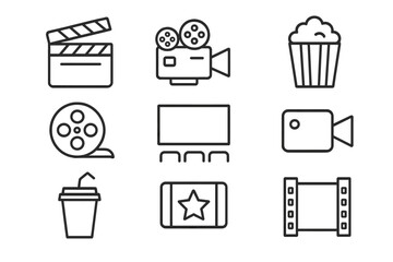 Cinema and movie line icon set. Vector symbols of filmmaking and entertainment. Film camera, clapperboard, popcorn, ticket. Editable outline graphic elements for web.