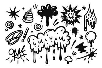 Hand drawn doodle vector illustration of various abstract shapes including stars swirls drips explosions and graffiti isolated on a white background for creative design elements