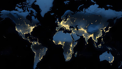 A nighttime satellite view of Earth, highlighting illuminated urban areas across the globe.
