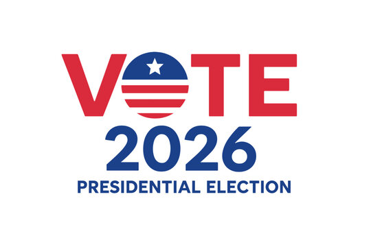 Vote 2026 United States presidential election patriotic typography vector illustration. Red blue design featuring American flag star, campaign graphic on transparent background