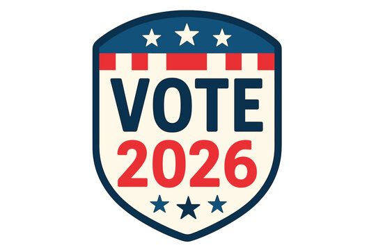 USA election vote 2026 shield badge vector icon. Patriotic red white blue stars stripes emblem for midterm elections campaign button sticker, election day illustration isolated
