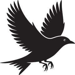 A silhouette of a bird in flight with its wings spread against a white background in a vector graphic