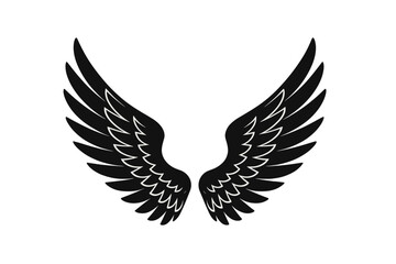 Fototapeta premium Angel wings silhouette, black bird wing icon, spread feather tattoo design vector, spiritual guardian symbol, decorative aviation logo, symmetrical graphic clip art template