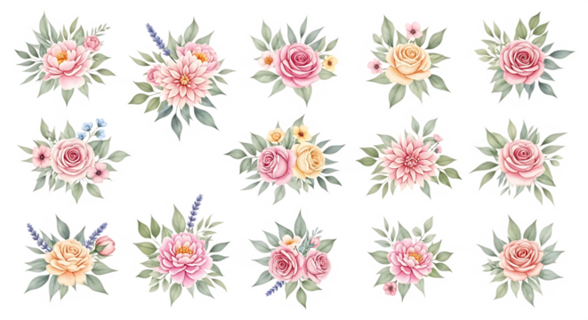 Watercolor floral arrangements featuring roses peonies dahlias and green leaves perfect for design elements Isolated on transparent background