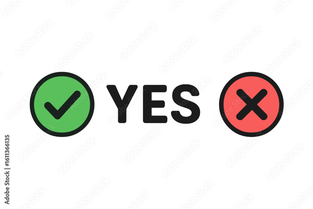 Poster yes no decision icon set. green tick checkmark and red cross x buttons with yes text. choice approva