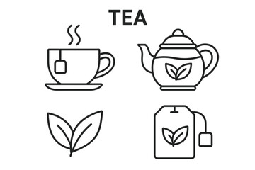 Tea line icons set. Teapot, cup with hot drink, teabag and leaf symbol. Vector collection for cafe menu, web design, beverage packaging. Editable outline pictogram.