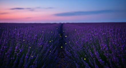 Naklejka premium Enchanting lavender field at dusk with a symphony of fireflies illuminating the scene