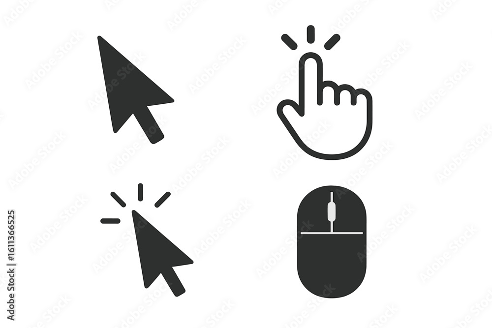 Poster computer mouse cursor icon set. vector collection of pointer arrow and hand gesture symbols for web 