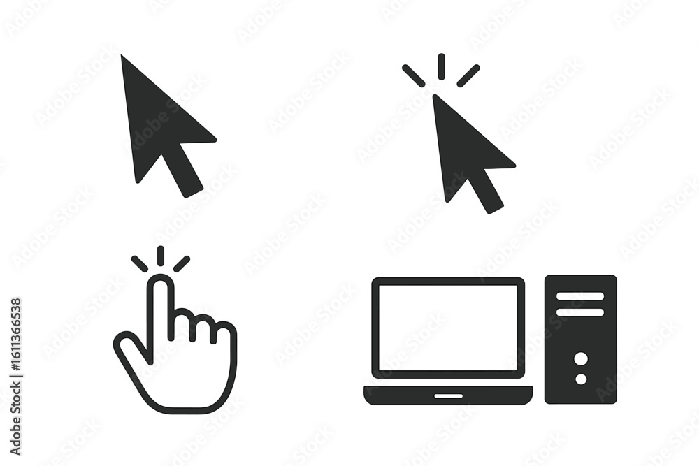 Poster set of flat computer icons. cursor arrow, clicking hand pointer, laptop, and desktop pc. vector coll