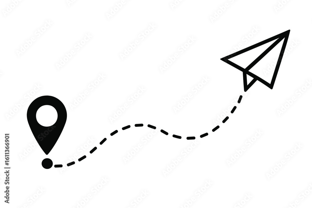 Poster paper airplane flight path icon with location pin. travel route concept with start point and dashed 