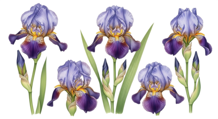 Beautiful watercolor illustration of purple iris flowers with buds and green Isolated on transparent background
