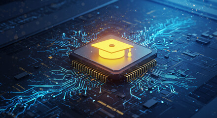 Transformação Digital na Educação: Processador central com ícone acadêmico em placa de circuito