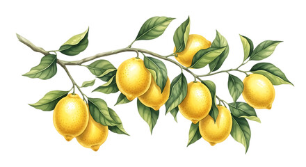 Beautiful watercolor painting of lemons hanging on a branch with lush green leaves Isolated on transparent background