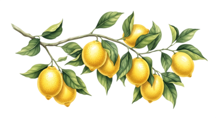 Beautiful watercolor painting of lemons hanging on a branch with lush green leaves Isolated on transparent background