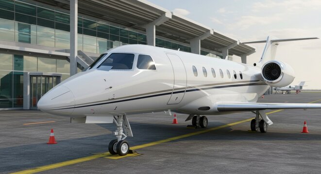 Sleek private jet parked at modern airport terminal, awaiting departure. - Powered by Adobe