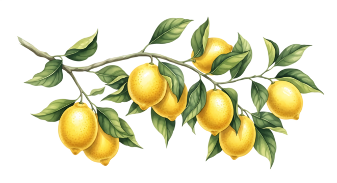 Beautiful watercolor painting of lemons hanging on a branch with lush green leaves Isolated on transparent background